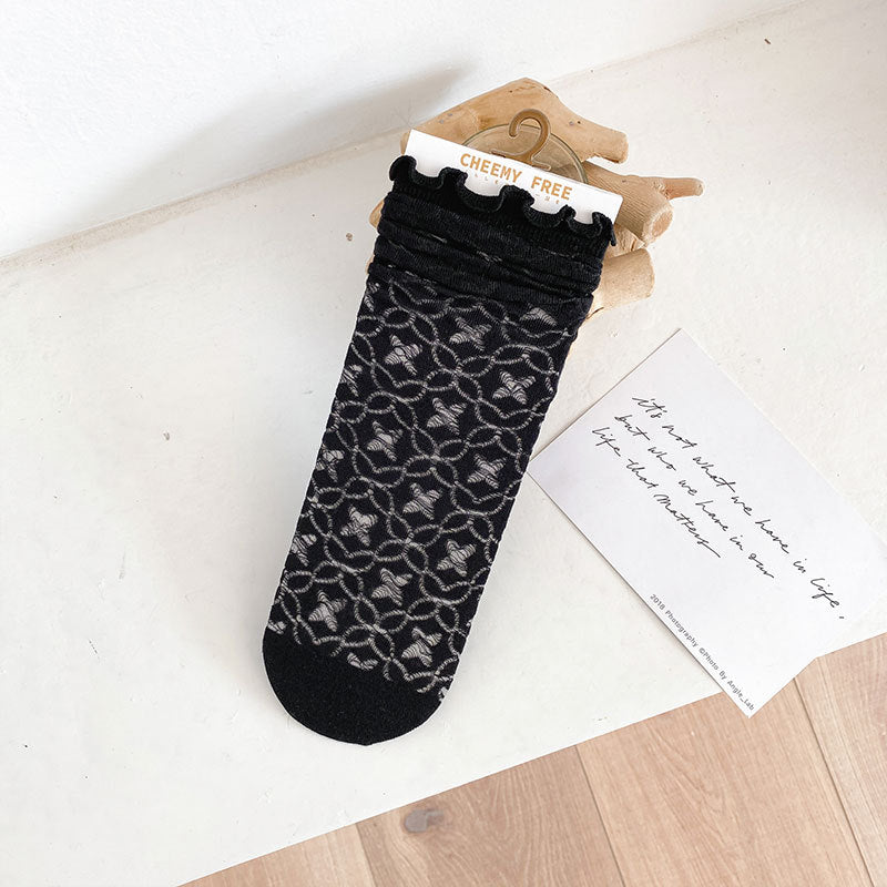 1 pair of socks for women summer thin black middle tube socks Japanese lace ballet style socks mesh breathable pile socks