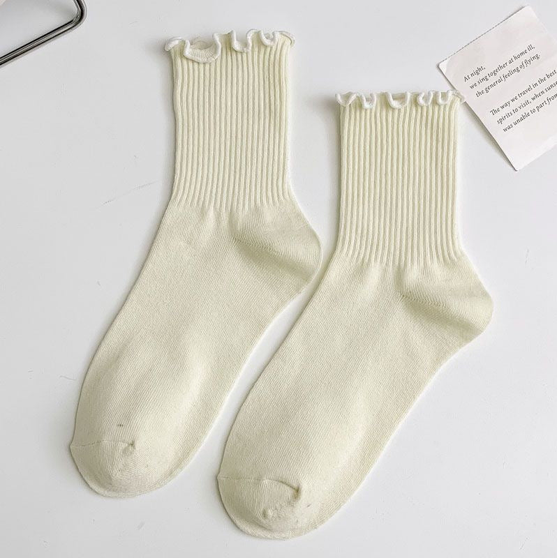 1 pair of ruffled JK socks for women mid-tube spring, autumn and summer solid color Japanese lace pile socks